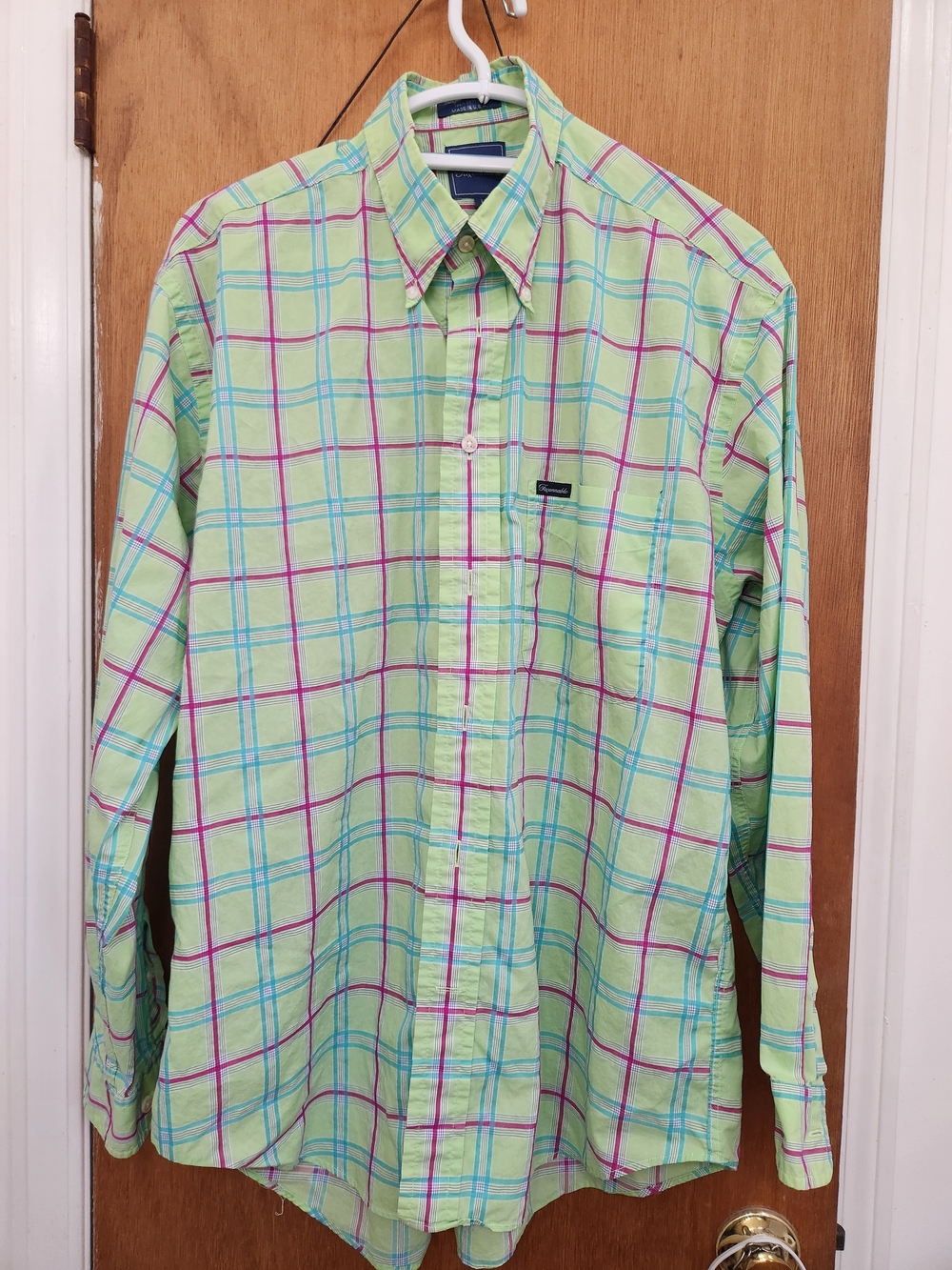 Faconnable Lime Plaid Button-Down Shirt with Blue and Magenta Stripes